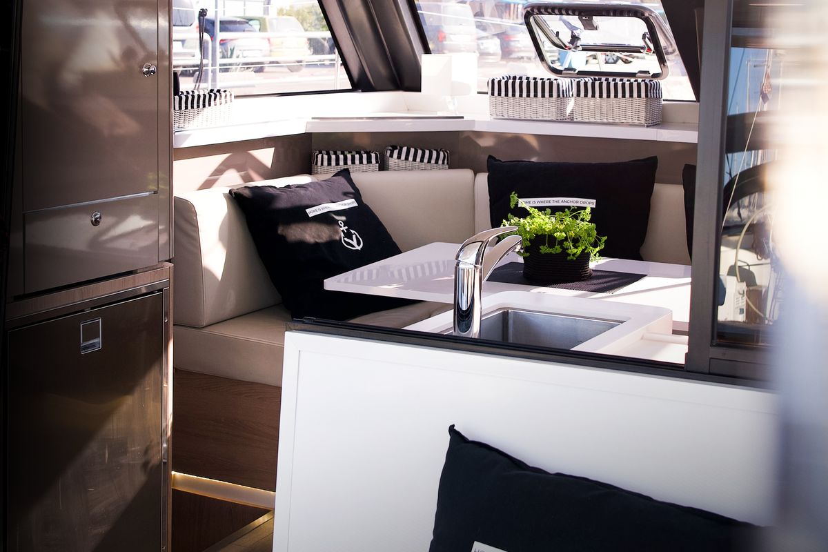 Salon of Jumping Fitness, a Aventura Catamarans Aventura 34 catamaran at Grad Šibenik, Croatia