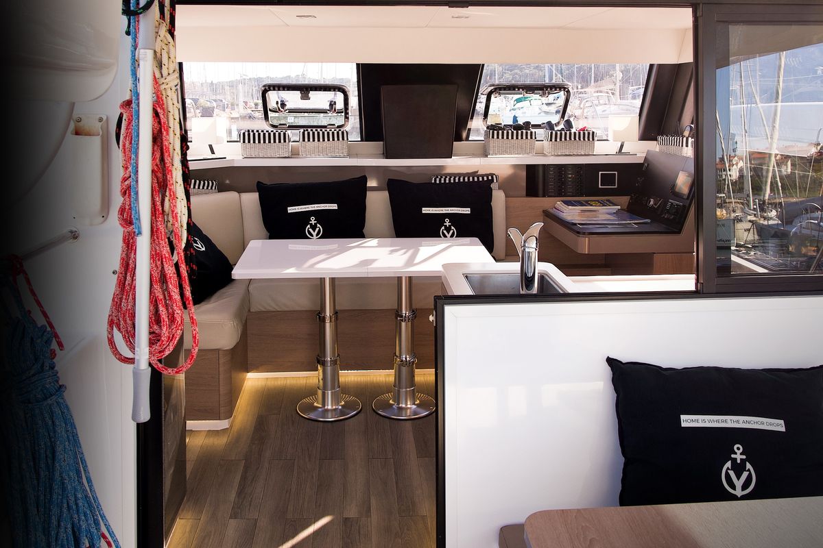 Salon of Jumping Fitness, a Aventura Catamarans Aventura 34 catamaran at Grad Šibenik, Croatia