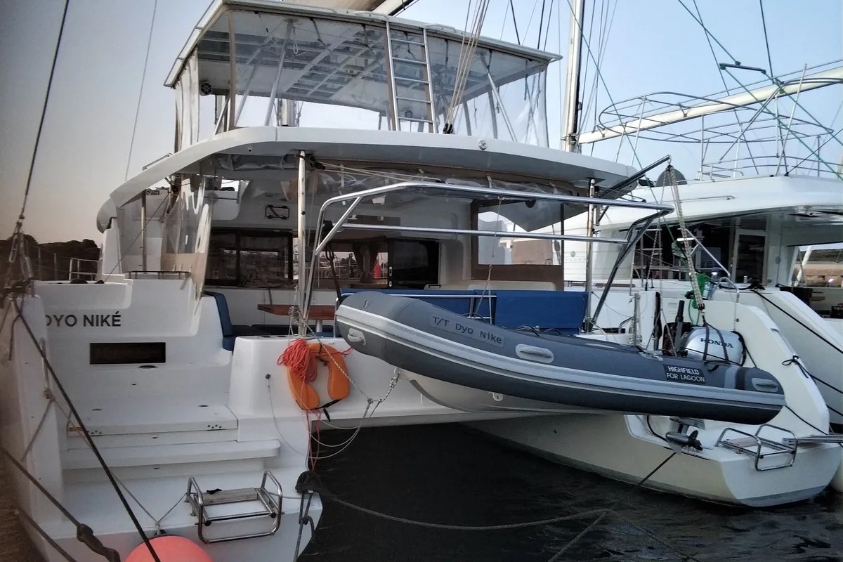 Exterior view of Dionike, a Lagoon 46 catamaran at Lavreotiki Municipal Unit, Greece