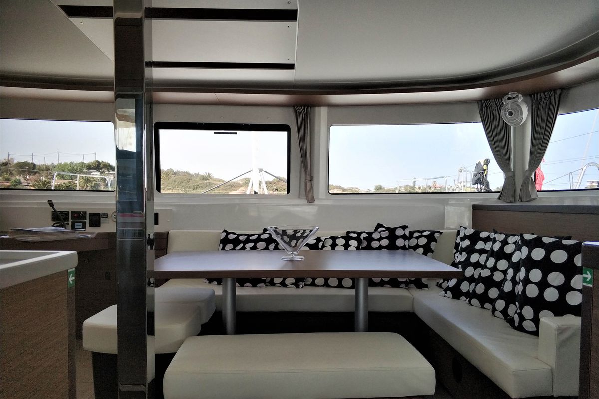 Salon of Dionike, a Lagoon 46 catamaran at Lavreotiki Municipal Unit, Greece