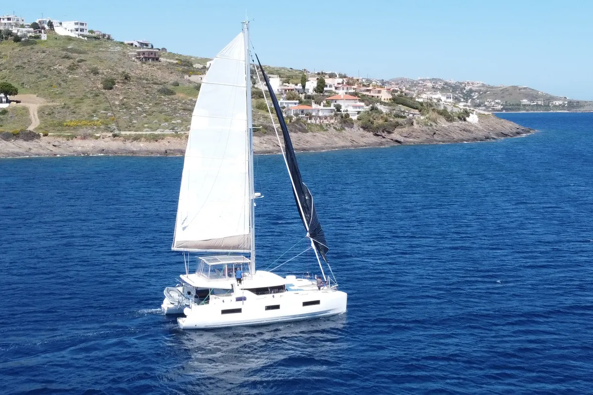 Exterior view of Dionike, a Lagoon 46 catamaran at Lavreotiki Municipal Unit, Greece