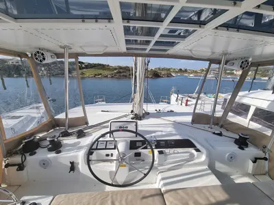 Cockpit of Dionike, a Lagoon 46 catamaran at Lavreotiki Municipal Unit, Greece