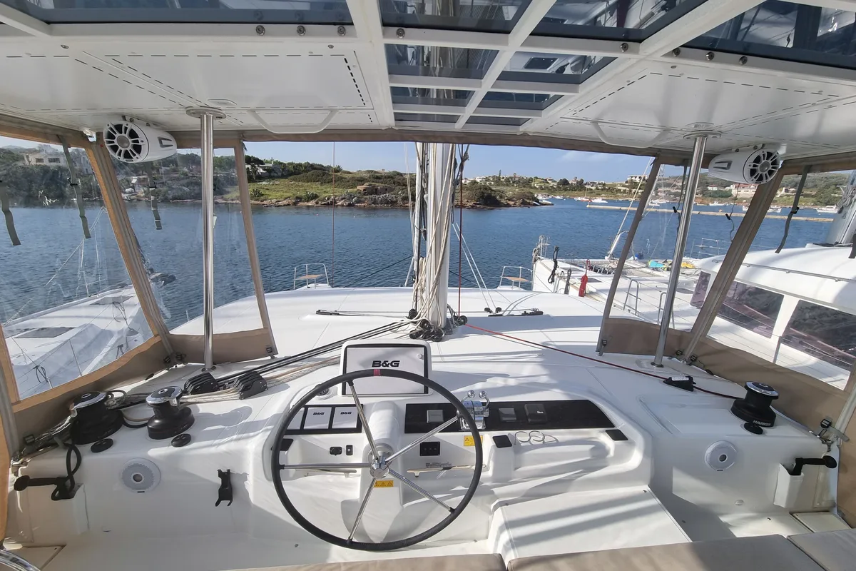 Cockpit of Dionike, a Lagoon 46 catamaran at Lavreotiki Municipal Unit, Greece