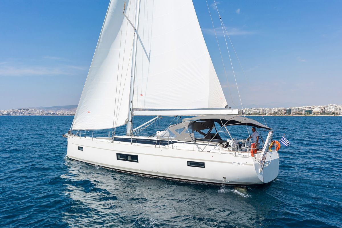 Exterior view of Seacret, a Bavaria C57 sailboat at Athens, Greece