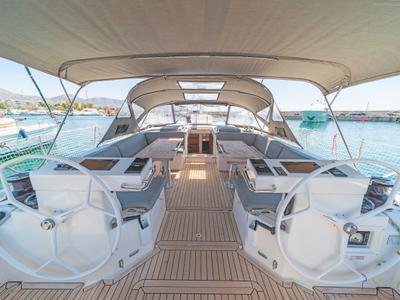 Cockpit of Seacret, a Bavaria C57 sailboat at Athens, Greece