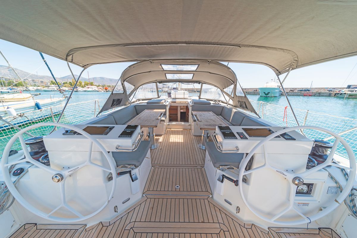 Cockpit of Seacret, a Bavaria C57 sailboat at Athens, Greece