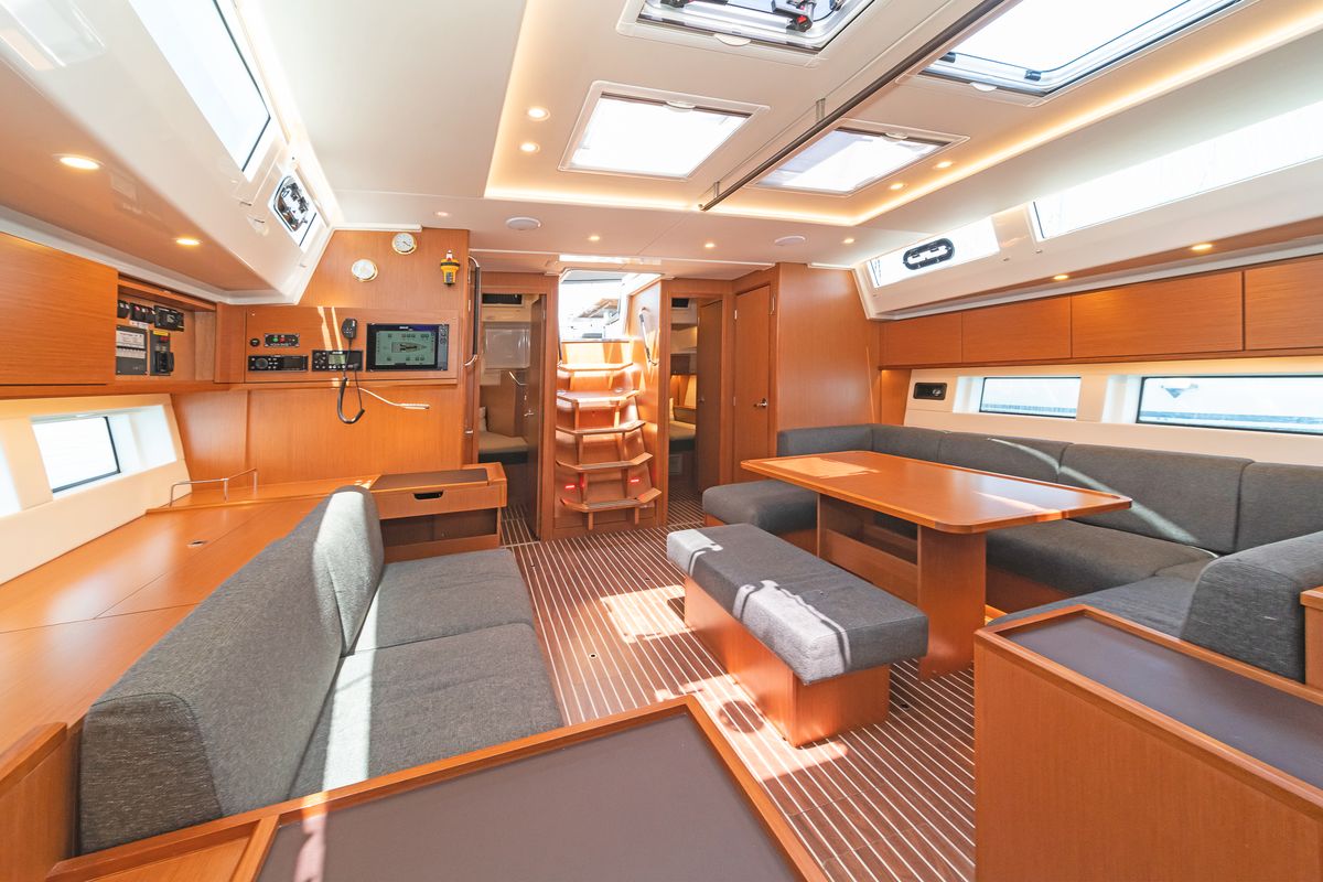 Salon of Seacret, a Bavaria C57 sailboat at Athens, Greece