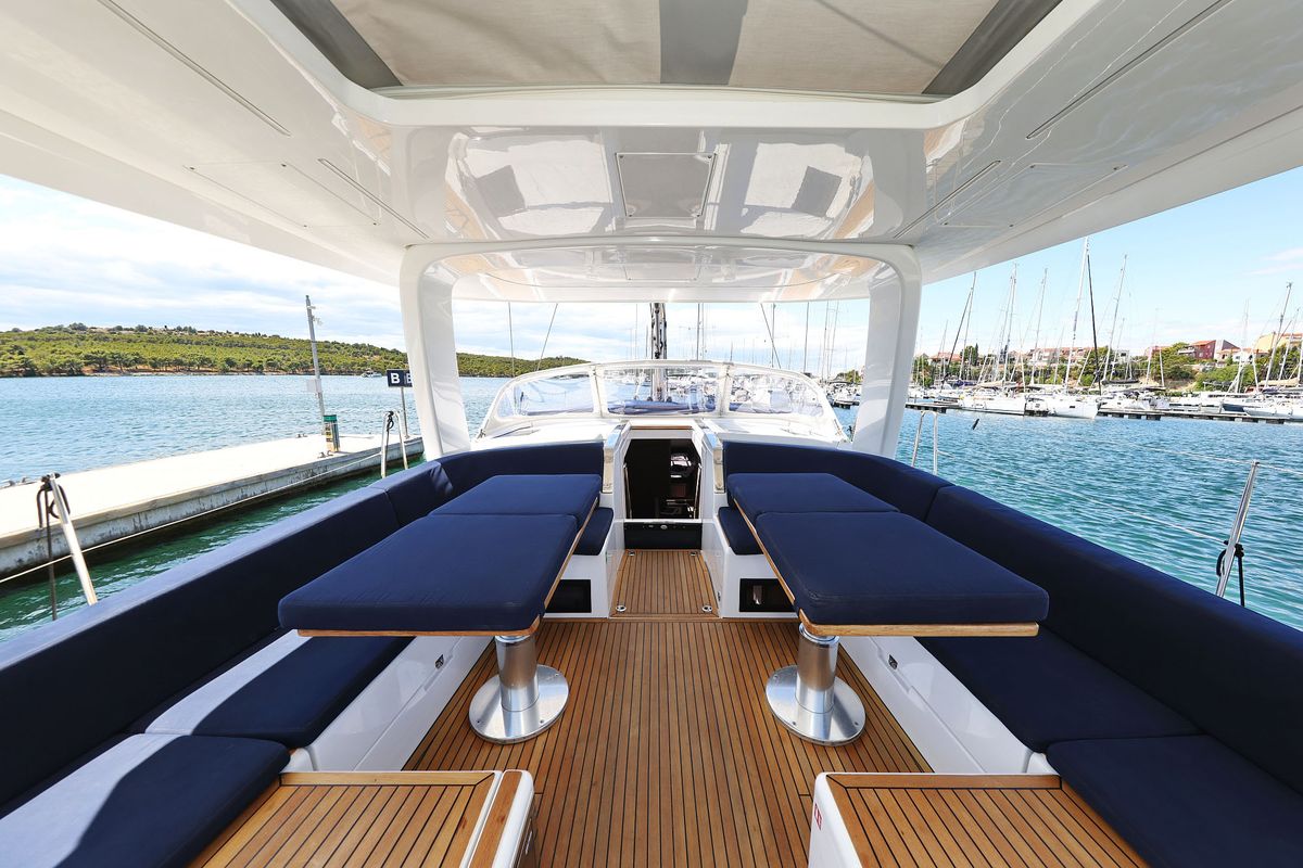 Deck of Ocean Phoenix, a Hanse Yachts Hanse 510 sailboat at Grad Šibenik, Croatia