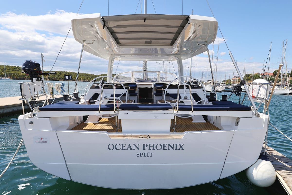 Exterior view of Ocean Phoenix, a Hanse Yachts Hanse 510 sailboat at Grad Šibenik, Croatia