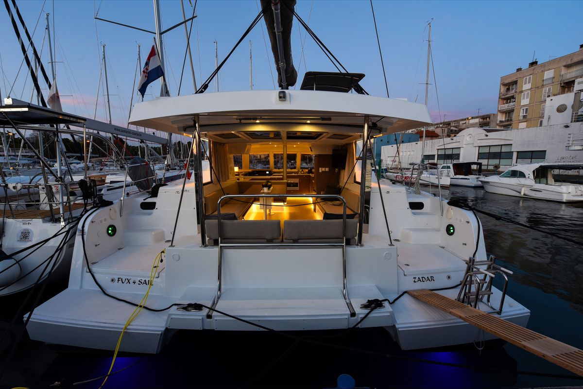 Deck of Fux 4 Sail, a Bali Catspace catamaran at Zadar, Croatia