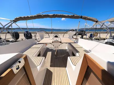 Deck of Hana, a Bavaria Cruiser 46 Style sailboat at Grad Biograd na Moru, Croatia