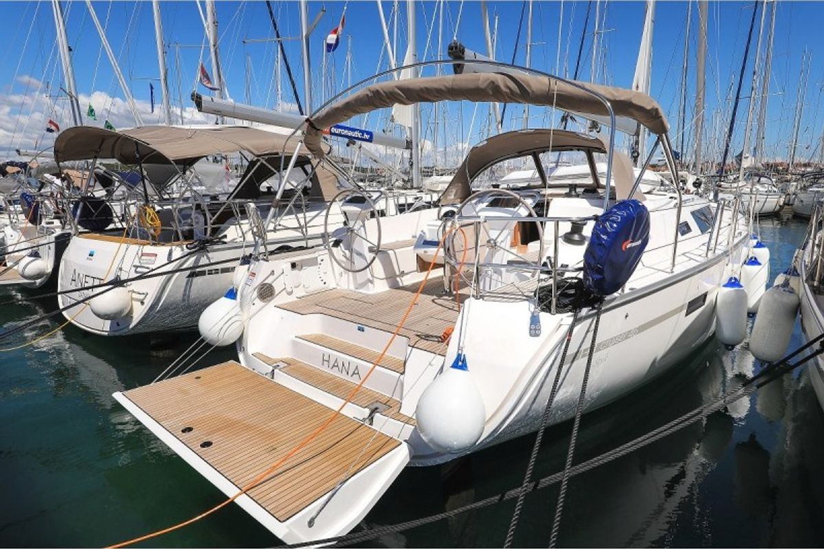Exterior view of Hana, a Bavaria Cruiser 46 Style sailboat at Grad Biograd na Moru, Croatia