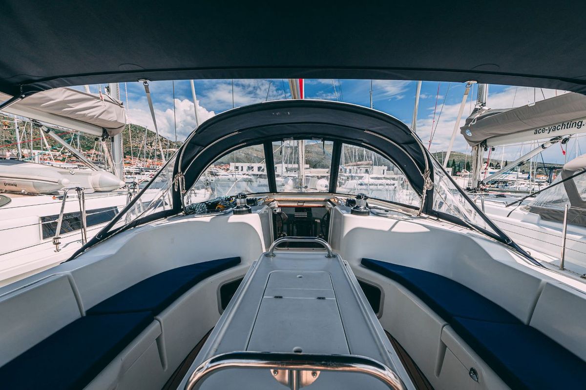 Cockpit of Ana B, a Jeanneau Sun Odyssey 49i sailboat at Seget Donji, Croatia
