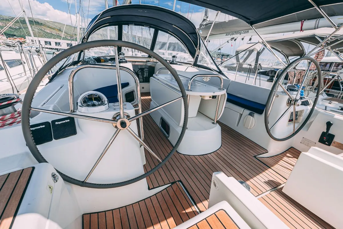 Cockpit of Ana B, a Jeanneau Sun Odyssey 49i sailboat at Seget Donji, Croatia