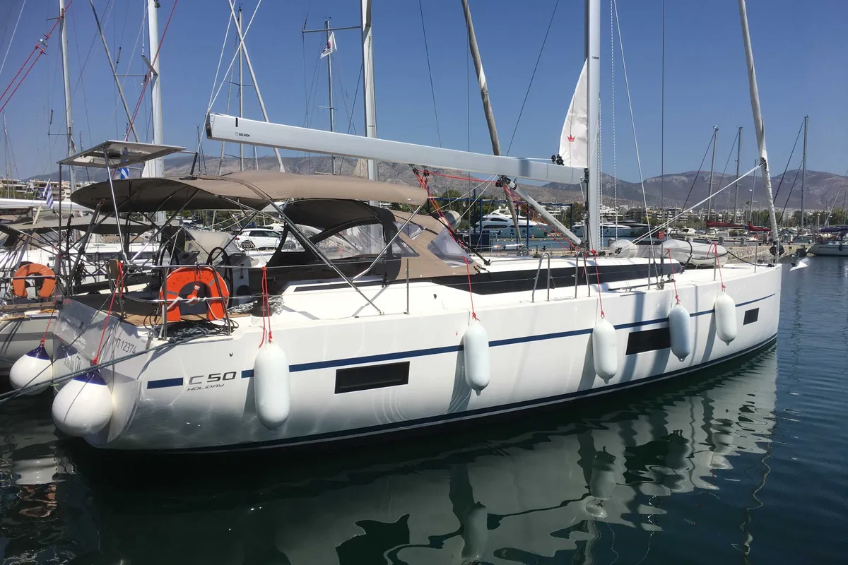 Exterior view of Lady Flora 3, a Bavaria C50 sailboat at Municipal Unit of Lefkada, Greece