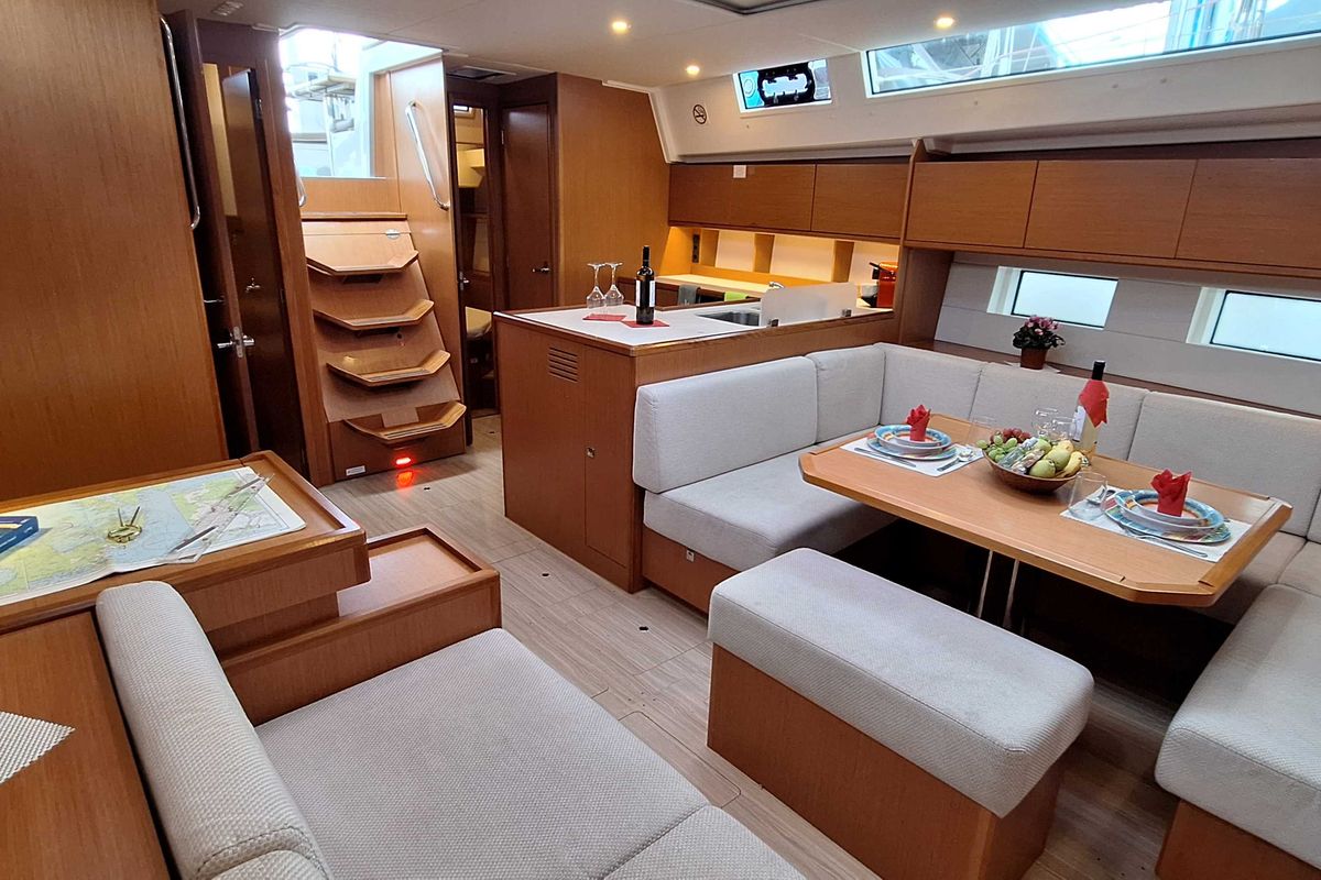 Salon of Lady Flora 3, a Bavaria C50 sailboat at Municipal Unit of Lefkada, Greece