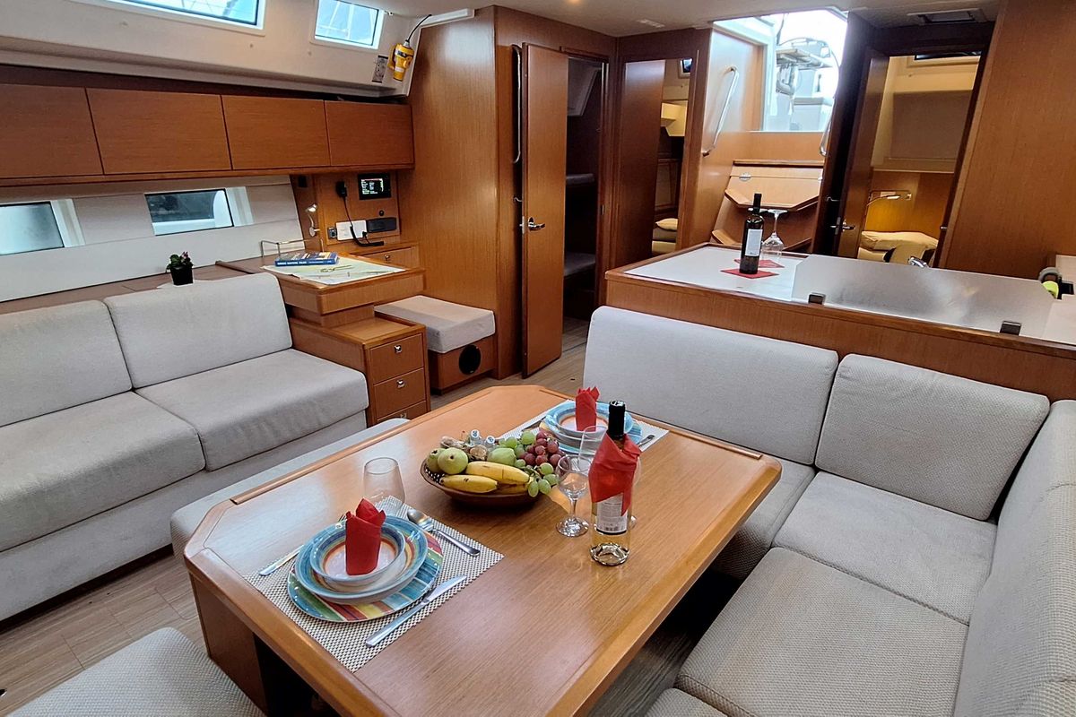 Salon of Lady Flora 3, a Bavaria C50 sailboat at Municipal Unit of Lefkada, Greece