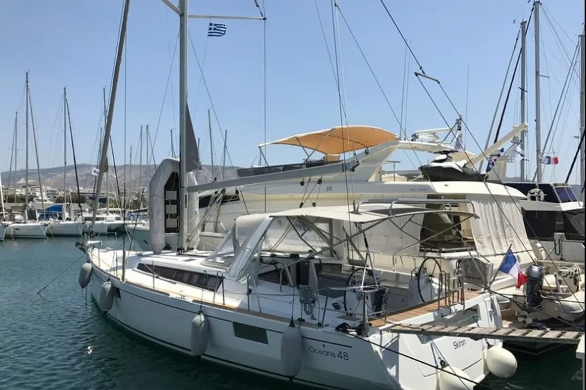 Exterior view of AF-O48S, a Beneteau Oceanis 48 sailboat at Athens, Greece