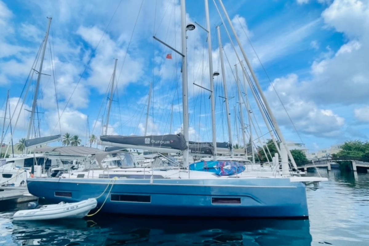 Exterior view of Knot Online, a Dufour 470 sailboat at Road Town, British Virgin Islands