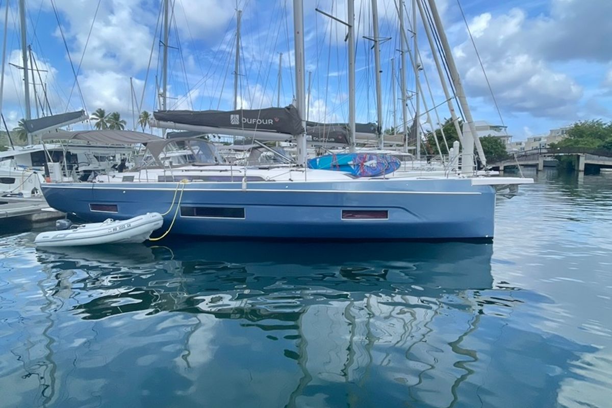 Exterior view of Knot Online, a Dufour 470 sailboat at Road Town, British Virgin Islands