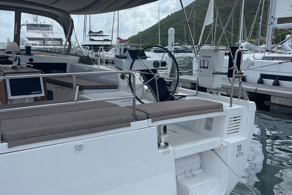 Cockpit of Knot Online, a Dufour 470 sailboat at Road Town, British Virgin Islands