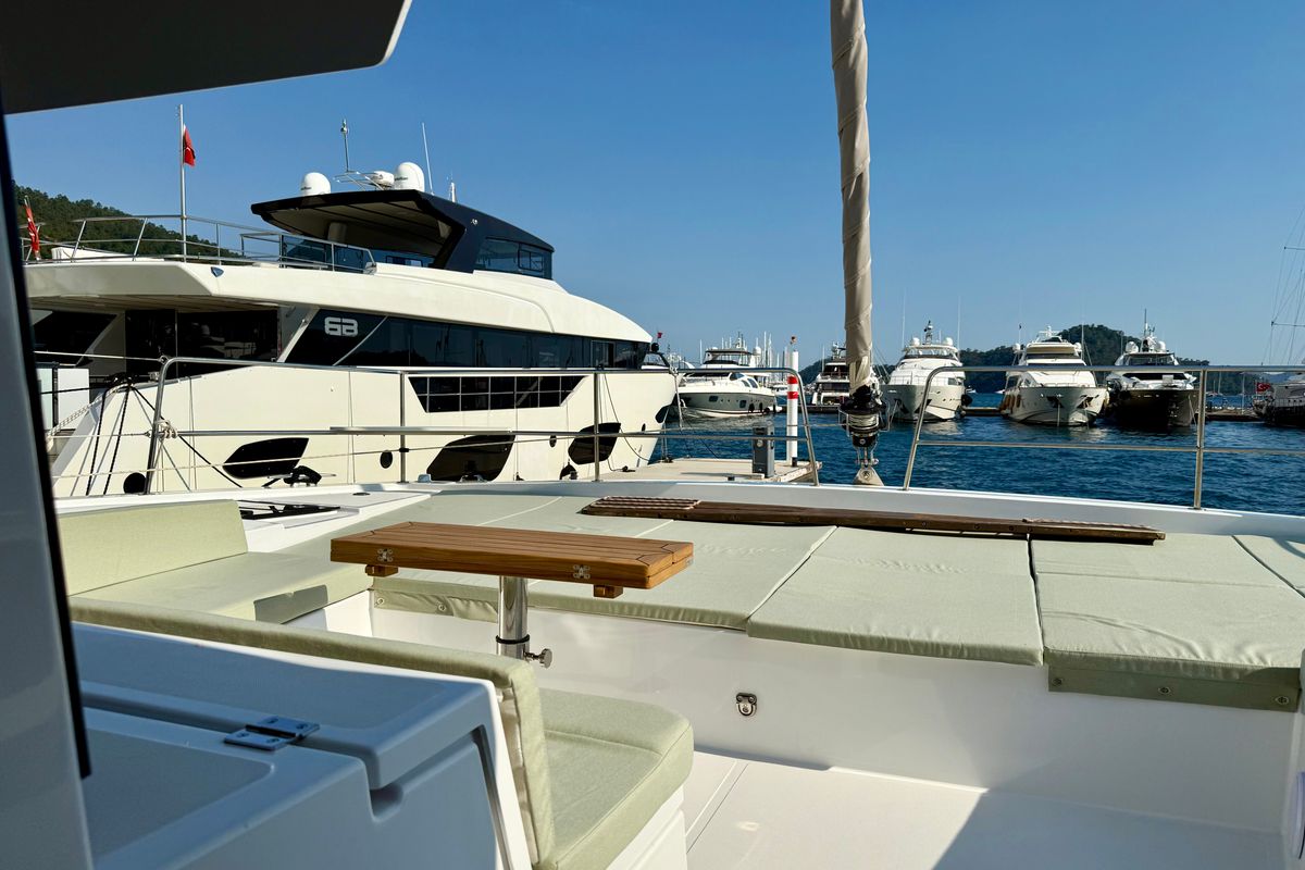 Deck of Amelia, a Bali 4.6 catamaran at Bodrum, Turkey