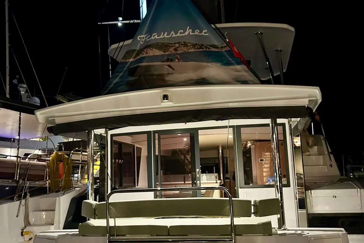 Exterior view of Amelia, a Bali 4.6 catamaran at Bodrum, Turkey