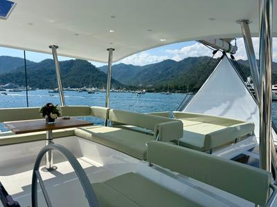 Cockpit of Amelia, a Bali 4.6 catamaran at Bodrum, Turkey