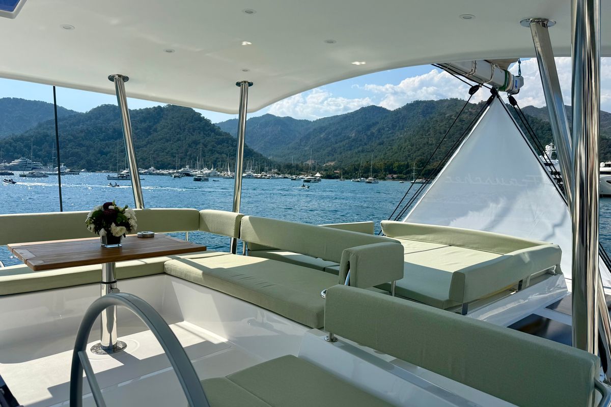 Cockpit of Amelia, a Bali 4.6 catamaran at Bodrum, Turkey