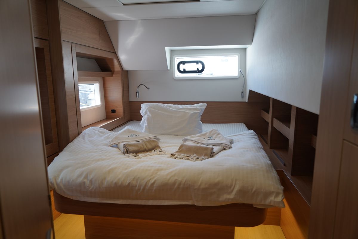Cabin on Amelia, a Bali 4.6 catamaran at Bodrum, Turkey