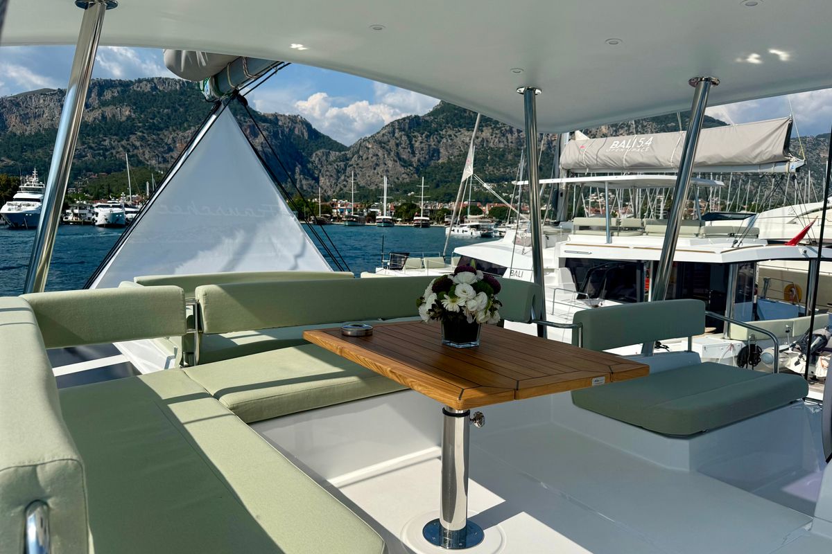 Deck of Amelia, a Bali 4.6 catamaran at Bodrum, Turkey