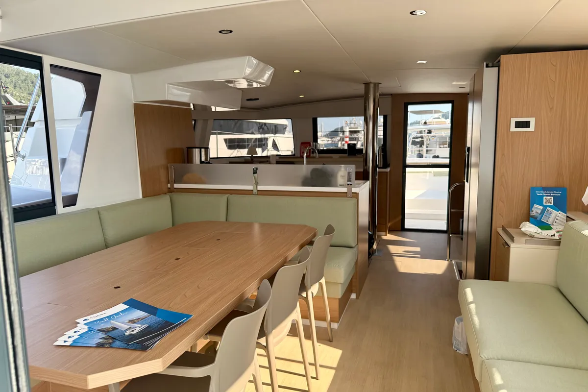 Salon of Amelia, a Bali 4.6 catamaran at Bodrum, Turkey