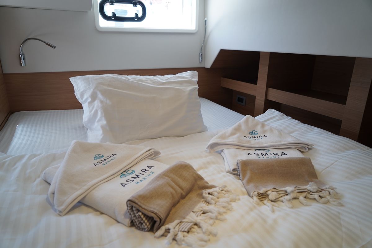 Cabin on Amelia, a Bali 4.6 catamaran at Bodrum, Turkey