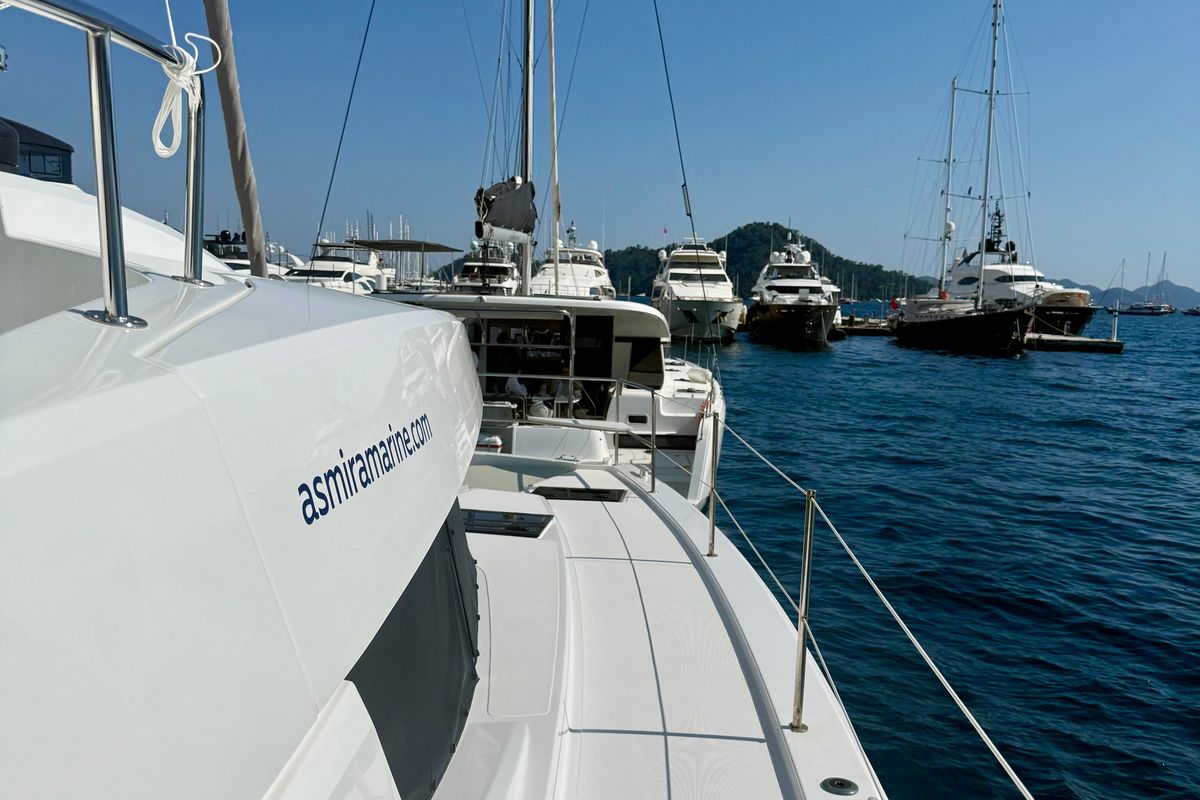 Deck of Amelia, a Bali 4.6 catamaran at Bodrum, Turkey