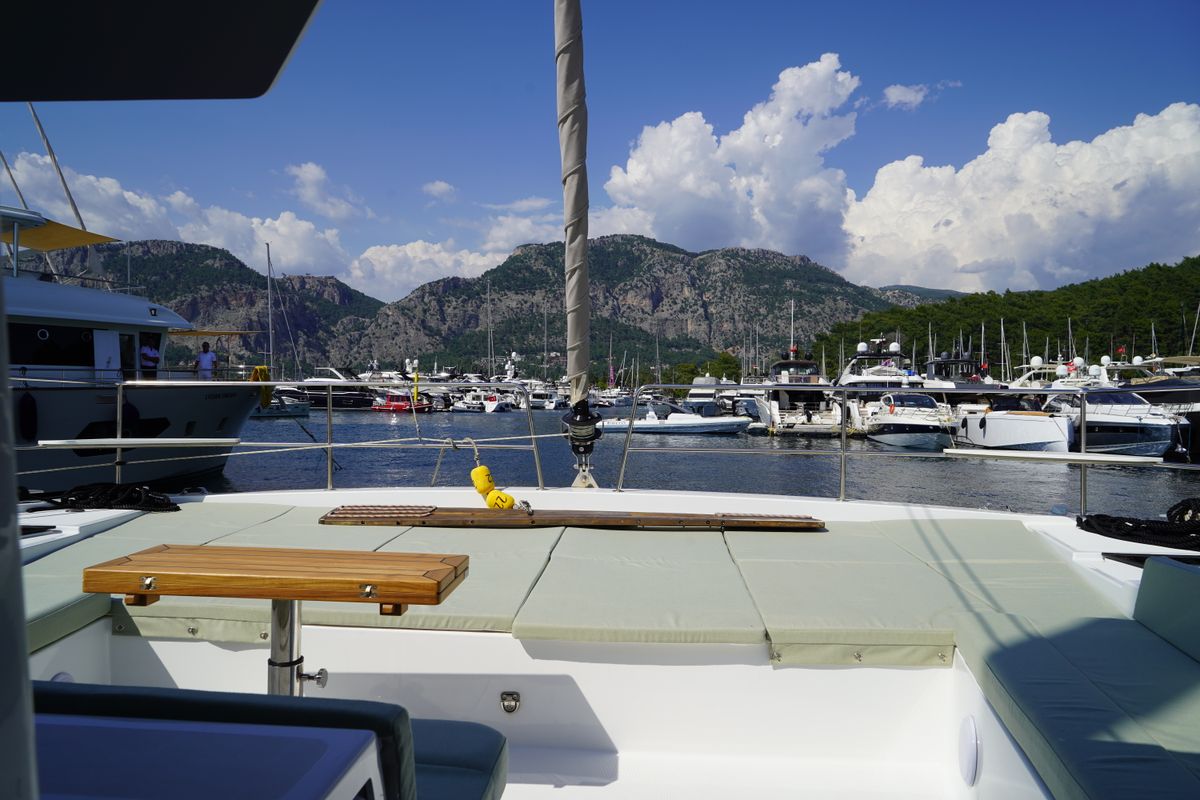 Deck of Amelia, a Bali 4.6 catamaran at Bodrum, Turkey