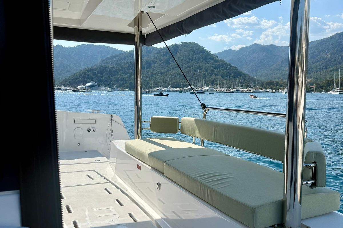 Deck of Amelia, a Bali 4.6 catamaran at Bodrum, Turkey