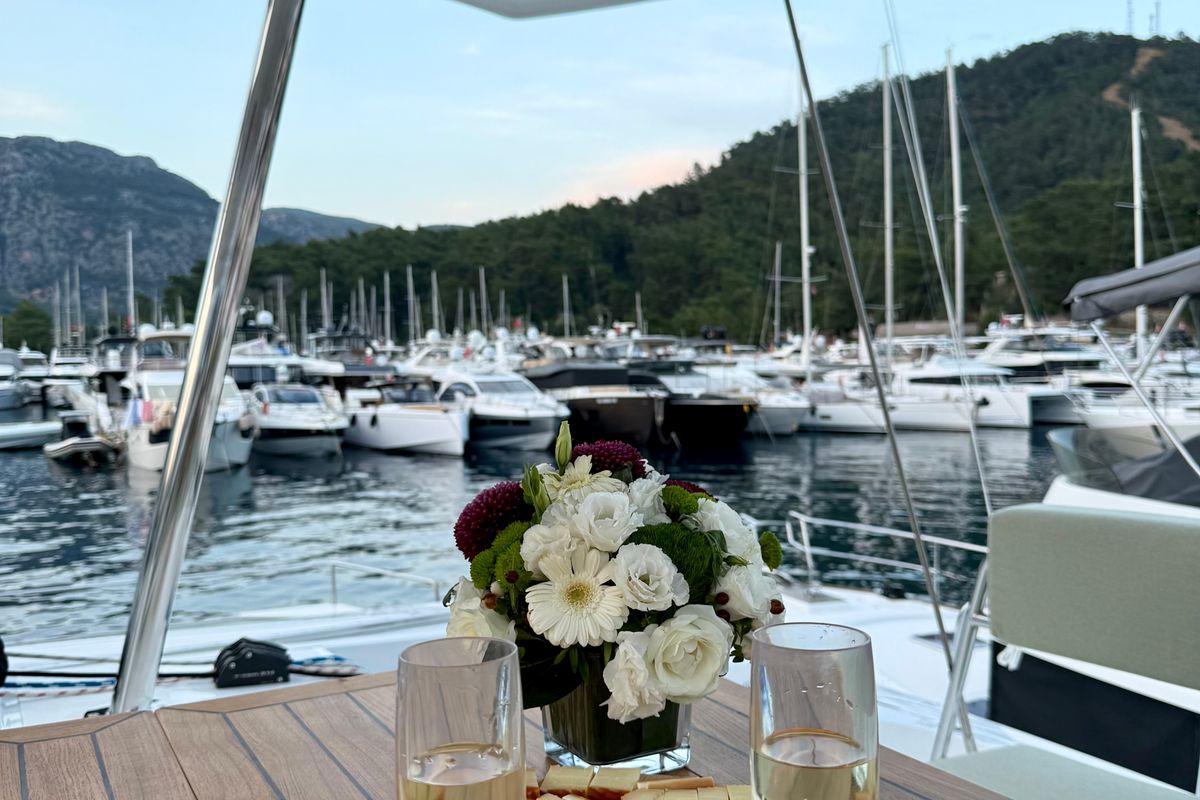 Deck of Amelia, a Bali 4.6 catamaran at Bodrum, Turkey