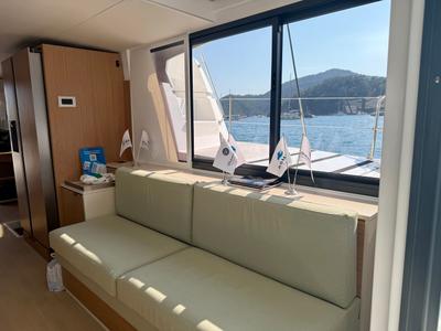 Salon of Amelia, a Bali 4.6 catamaran at Bodrum, Turkey