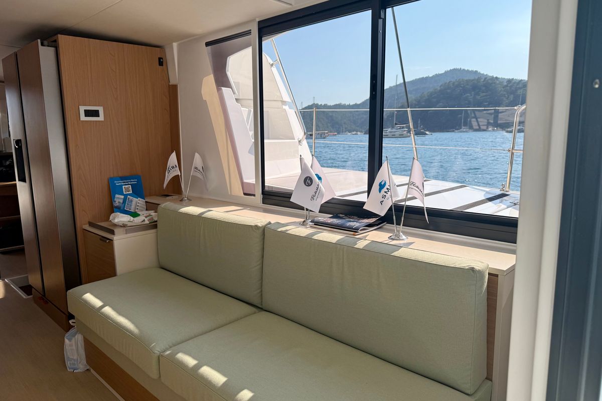 Salon of Amelia, a Bali 4.6 catamaran at Bodrum, Turkey