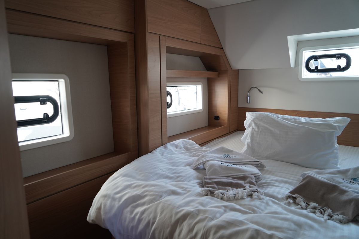 Cabin on Amelia, a Bali 4.6 catamaran at Bodrum, Turkey