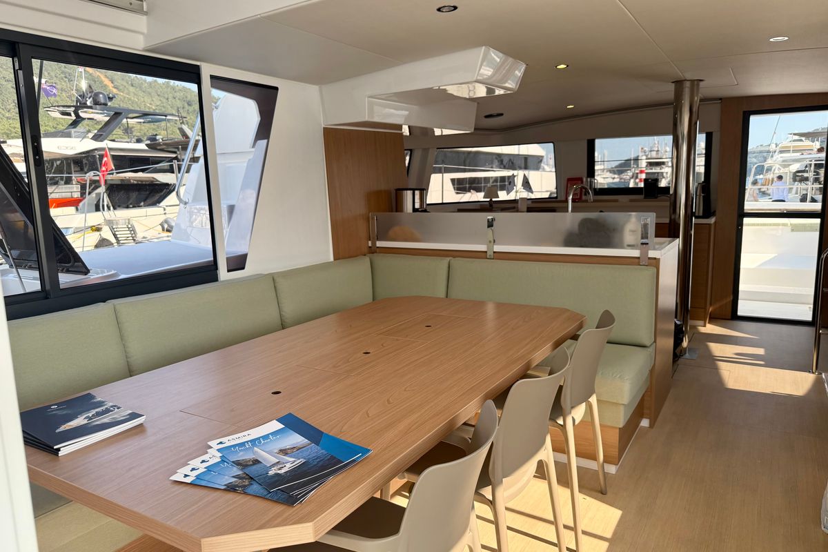 Salon of Amelia, a Bali 4.6 catamaran at Bodrum, Turkey