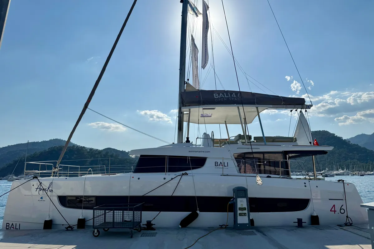Exterior view of Amelia, a Bali 4.6 catamaran at Bodrum, Turkey