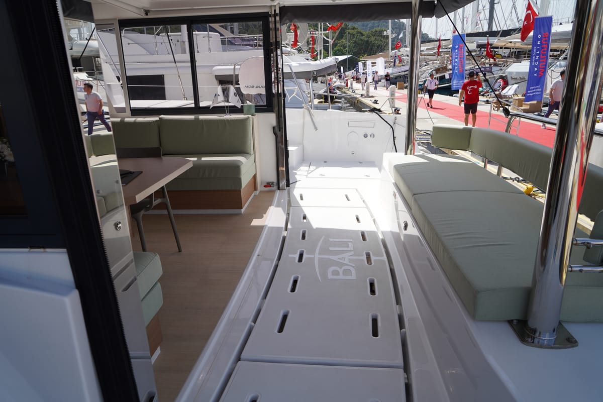 Deck of Amelia, a Bali 4.6 catamaran at Bodrum, Turkey