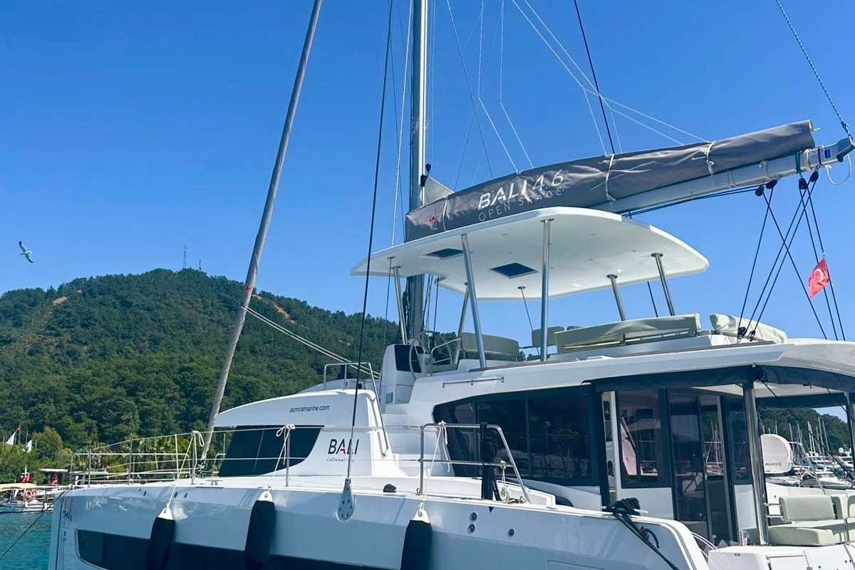 Exterior view of Amelia, a Bali 4.6 catamaran at Bodrum, Turkey