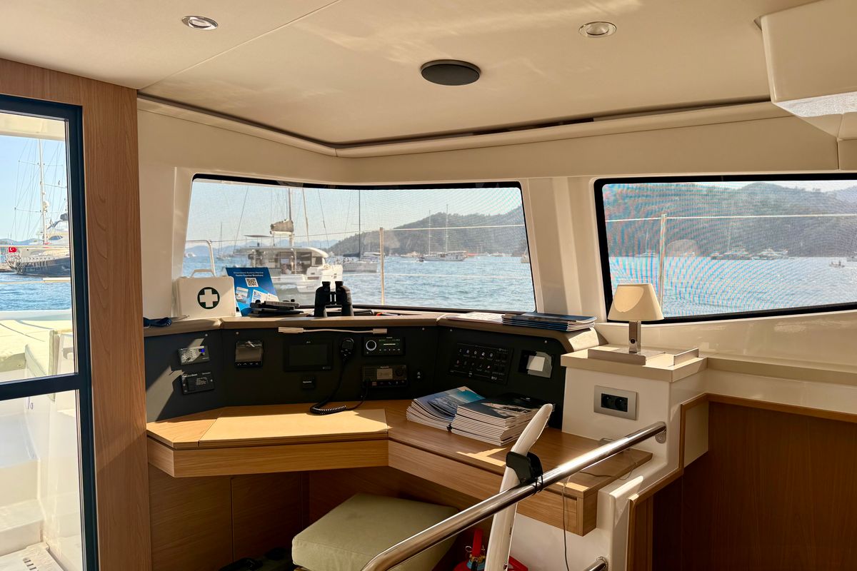 Cockpit of Amelia, a Bali 4.6 catamaran at Bodrum, Turkey