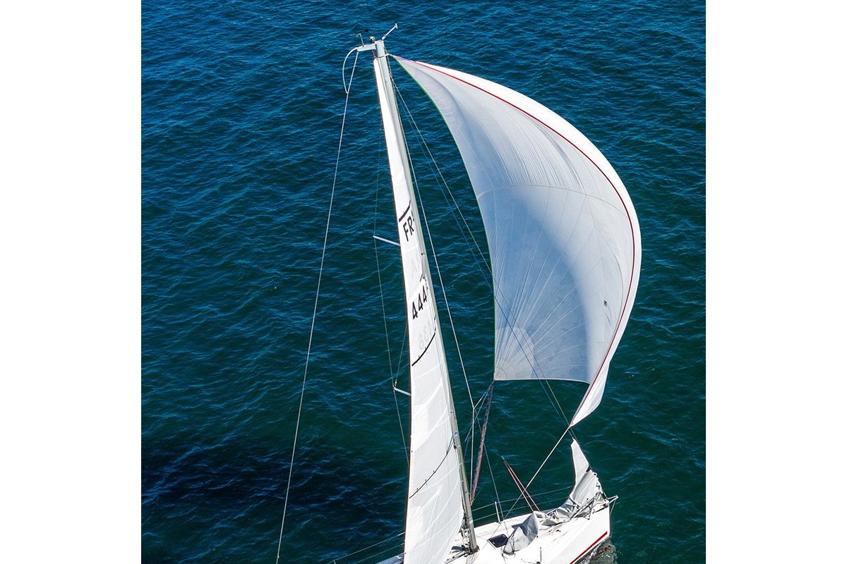Exterior view of Gogox, a Jeanneau Sun Fast 3200 sailboat at La Trinité-sur-Mer, France
