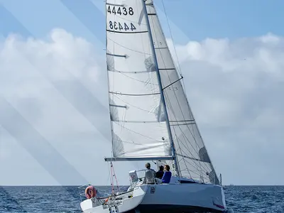 Exterior view of Gogox, a Jeanneau Sun Fast 3200 sailboat at La Trinité-sur-Mer, France