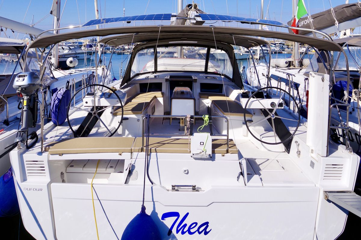 Cockpit of Thea, a Dufour 530 sailboat at Castellammare di Stabia, Italy