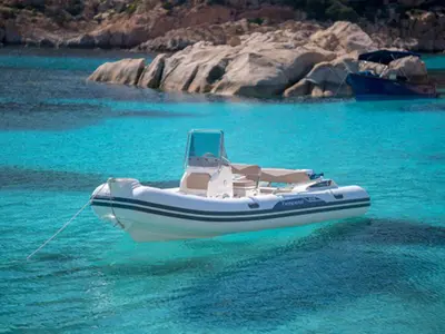 Exterior view of n. 8, a Capelli Tempest 570 rib at Cannigione, Italy