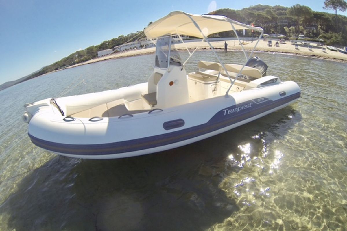 Exterior view of n. 8, a Capelli Tempest 570 rib at Cannigione, Italy